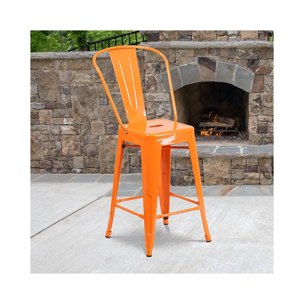 Commercial Grade 24" High Orange Metal Indoor-Outdoor Counter Height Stool with Removable Back