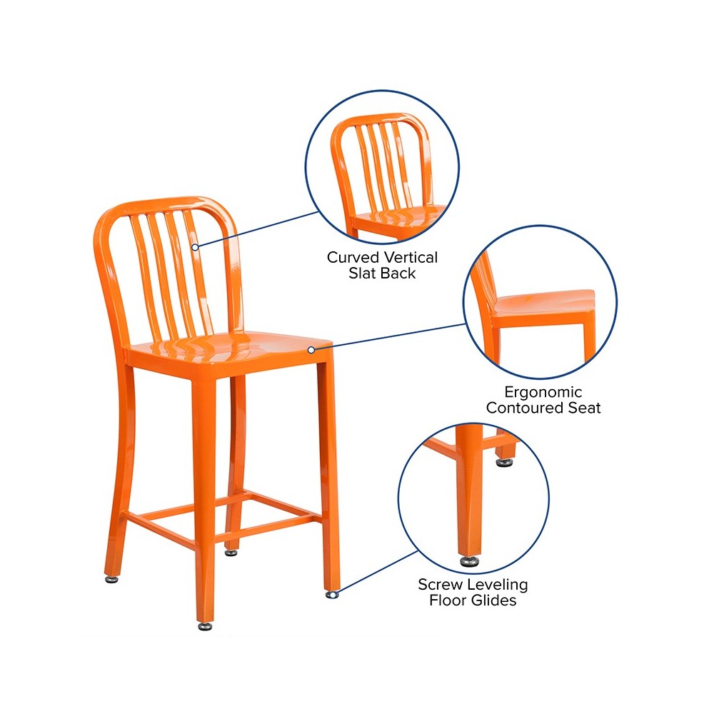 Commercial Grade 24" High Orange Metal Indoor-Outdoor Counter Height Stool with Vertical Slat Back