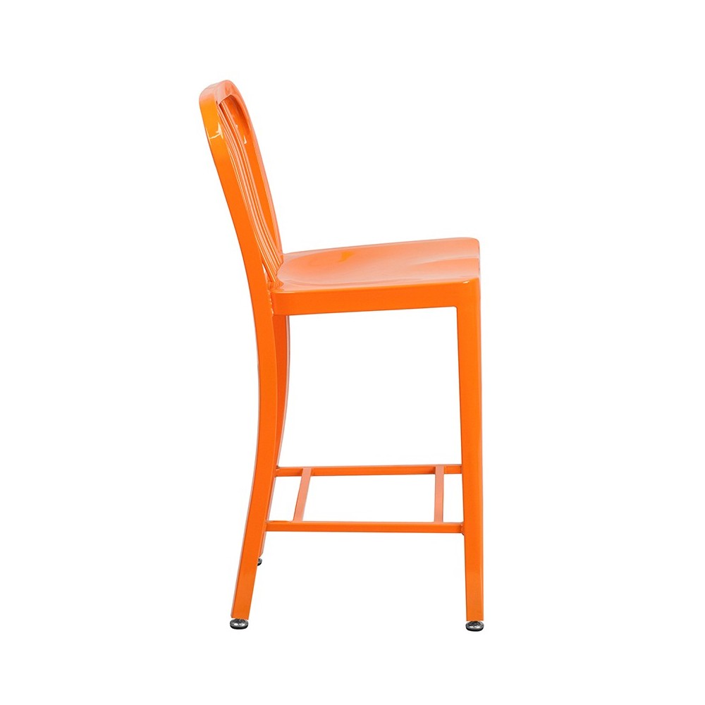 Commercial Grade 24" High Orange Metal Indoor-Outdoor Counter Height Stool with Vertical Slat Back