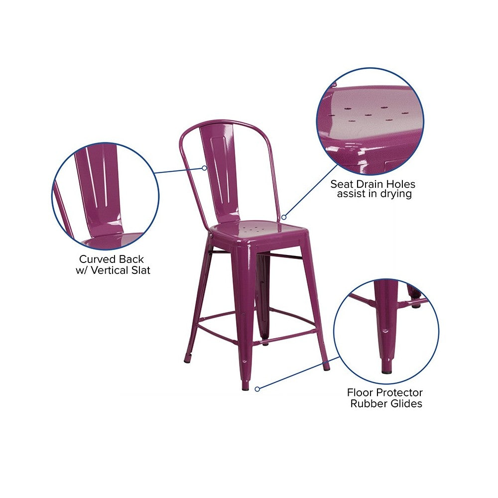 Commercial Grade 24" High Purple Metal Indoor-Outdoor Counter Height Stool with Back