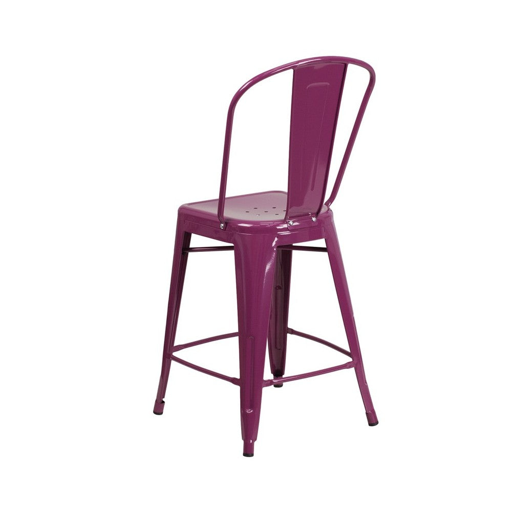 Commercial Grade 24" High Purple Metal Indoor-Outdoor Counter Height Stool with Back