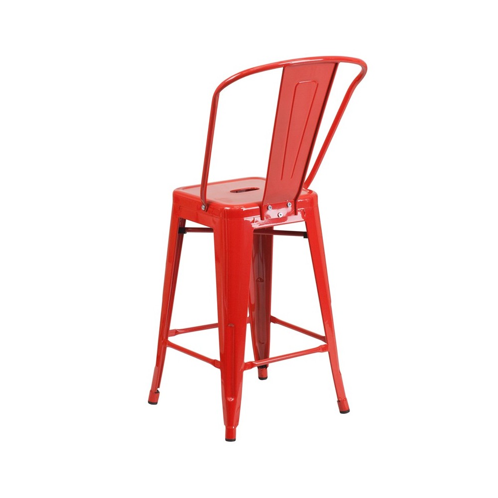 Commercial Grade 24" High Red Metal Indoor-Outdoor Counter Height Stool with Removable Back