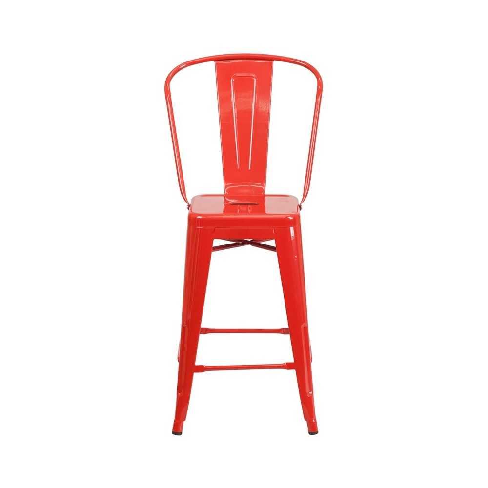 Commercial Grade 24" High Red Metal Indoor-Outdoor Counter Height Stool with Removable Back