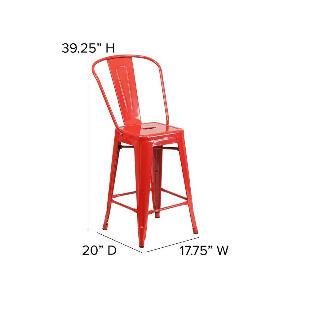 Commercial Grade 24" High Red Metal Indoor-Outdoor Counter Height Stool with Removable Back