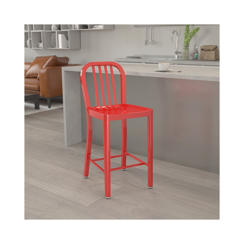 Commercial Grade 24" High Red Metal Indoor-Outdoor Counter Height Stool with Vertical Slat Back