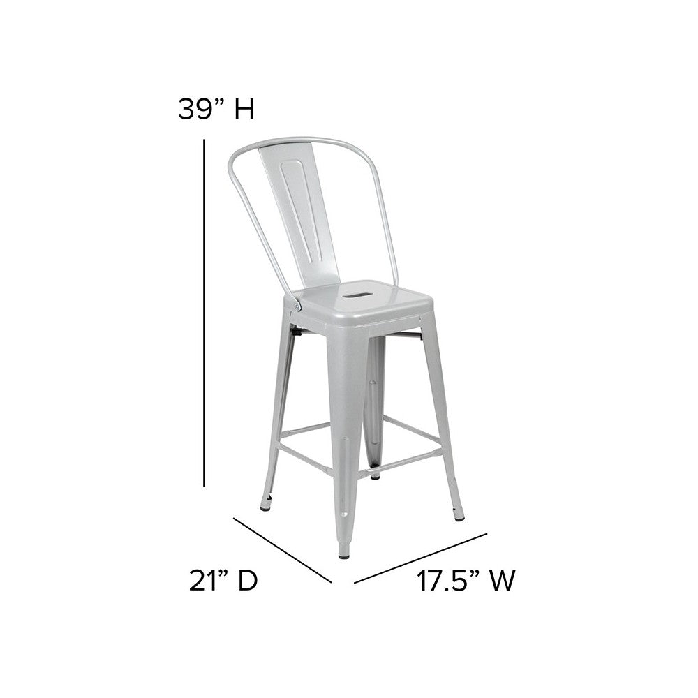 Commercial Grade 24" High Silver Metal Indoor-Outdoor Counter Height Stool with Removable Back