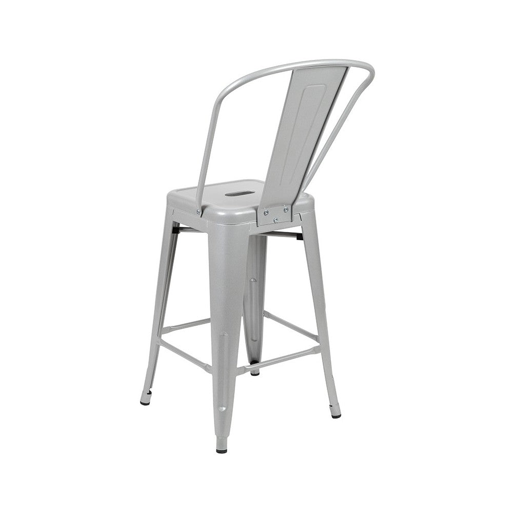 Commercial Grade 24" High Silver Metal Indoor-Outdoor Counter Height Stool with Removable Back