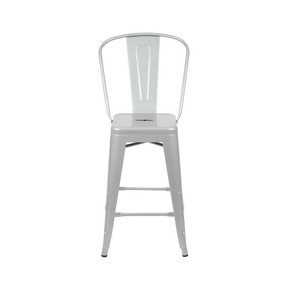 Commercial Grade 24" High Silver Metal Indoor-Outdoor Counter Height Stool with Removable Back