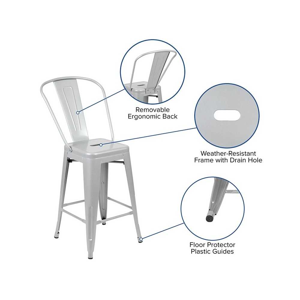 Commercial Grade 24" High Silver Metal Indoor-Outdoor Counter Height Stool with Removable Back