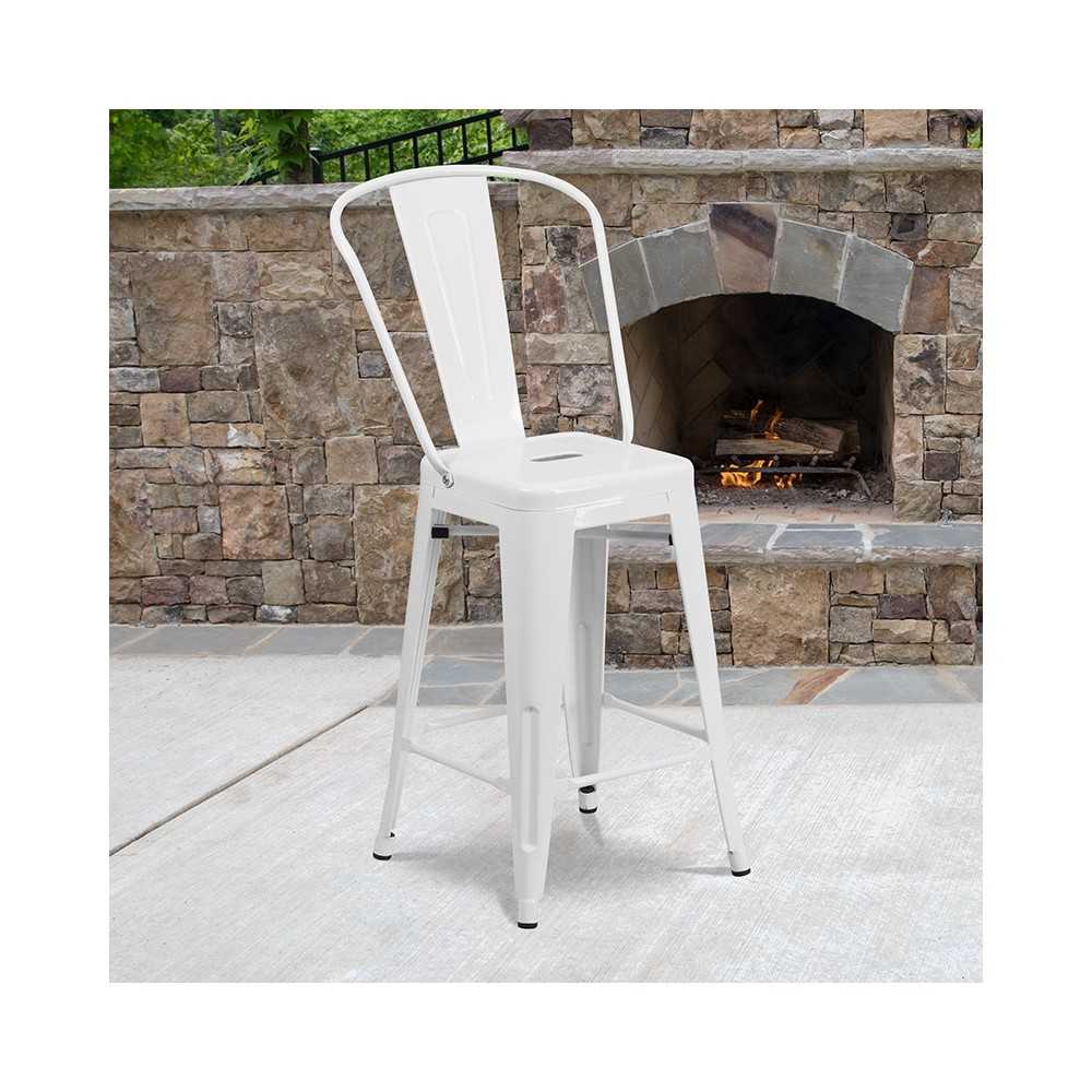 Commercial Grade 24" High White Metal Indoor-Outdoor Counter Height Stool with Removable Back