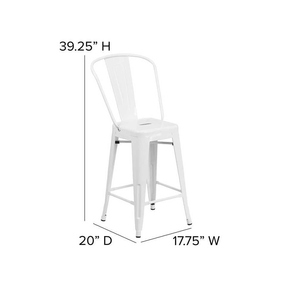 Commercial Grade 24" High White Metal Indoor-Outdoor Counter Height Stool with Removable Back