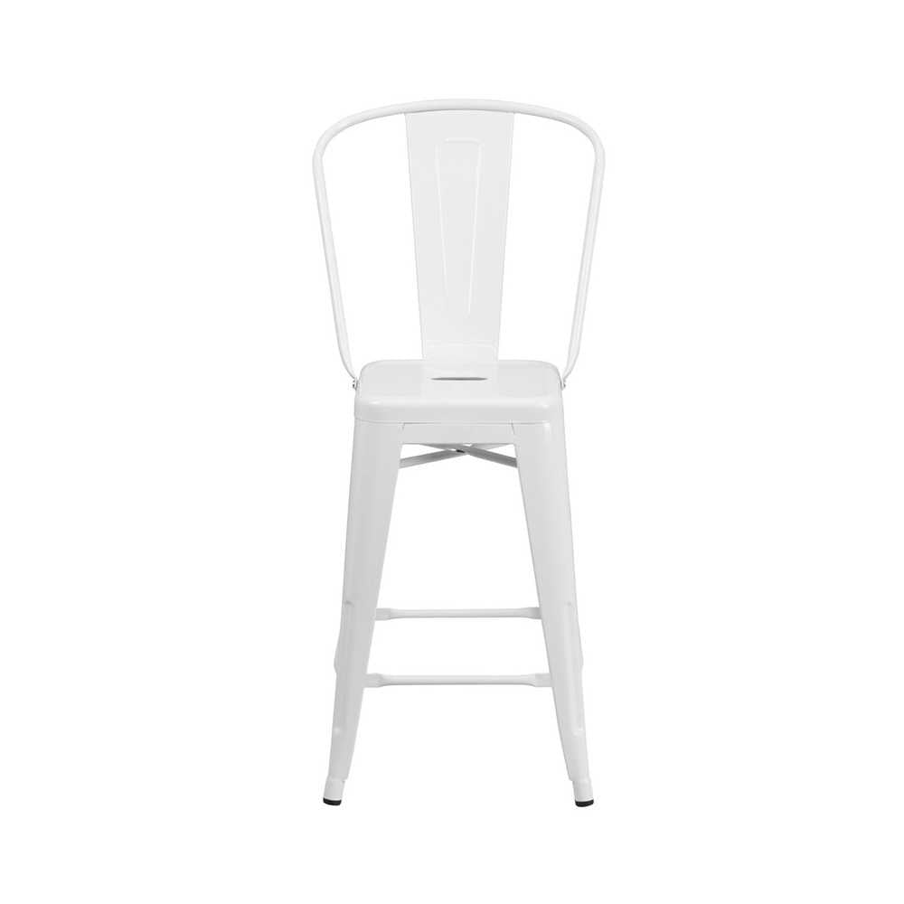 Commercial Grade 24" High White Metal Indoor-Outdoor Counter Height Stool with Removable Back