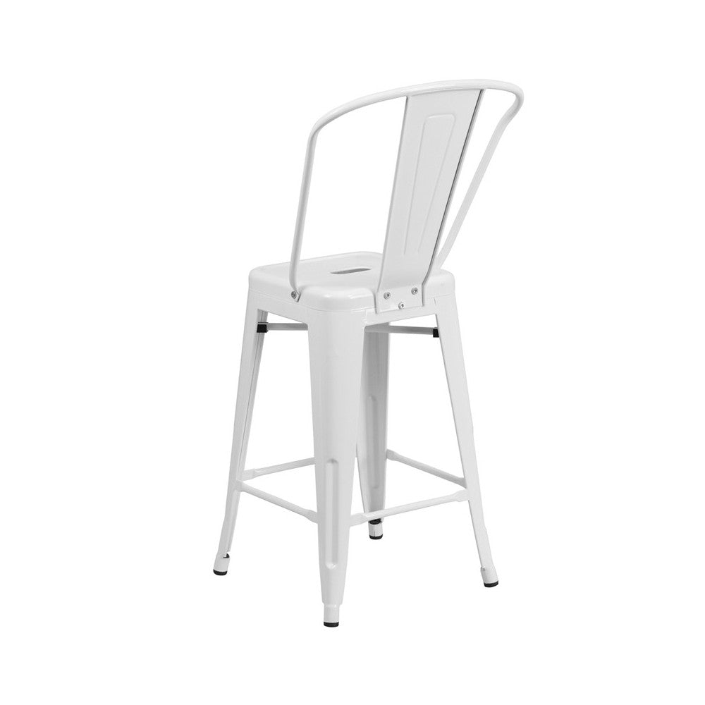 Commercial Grade 24" High White Metal Indoor-Outdoor Counter Height Stool with Removable Back