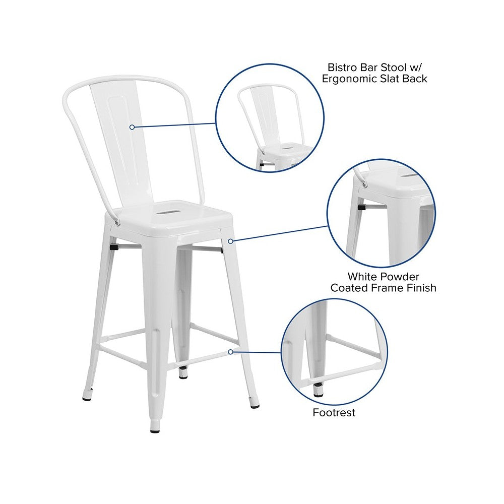 Commercial Grade 24" High White Metal Indoor-Outdoor Counter Height Stool with Removable Back