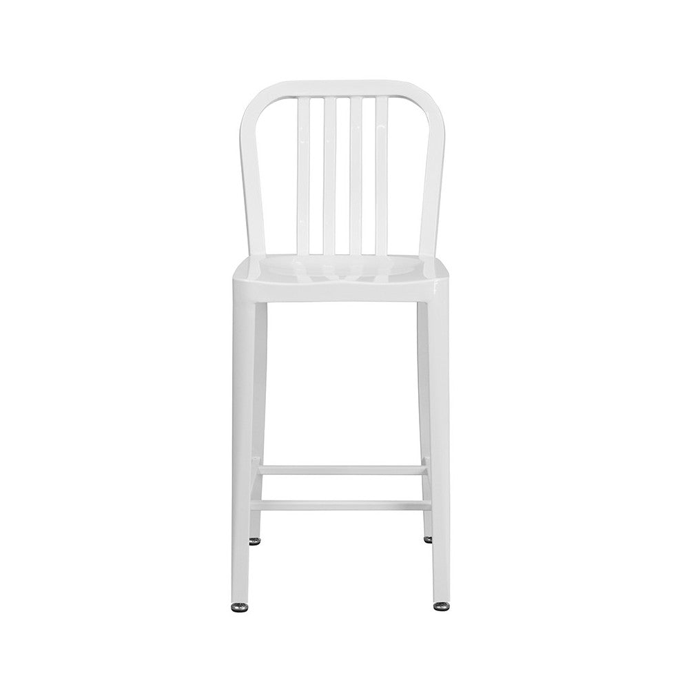 Commercial Grade 24" High White Metal Indoor-Outdoor Counter Height Stool with Vertical Slat Back