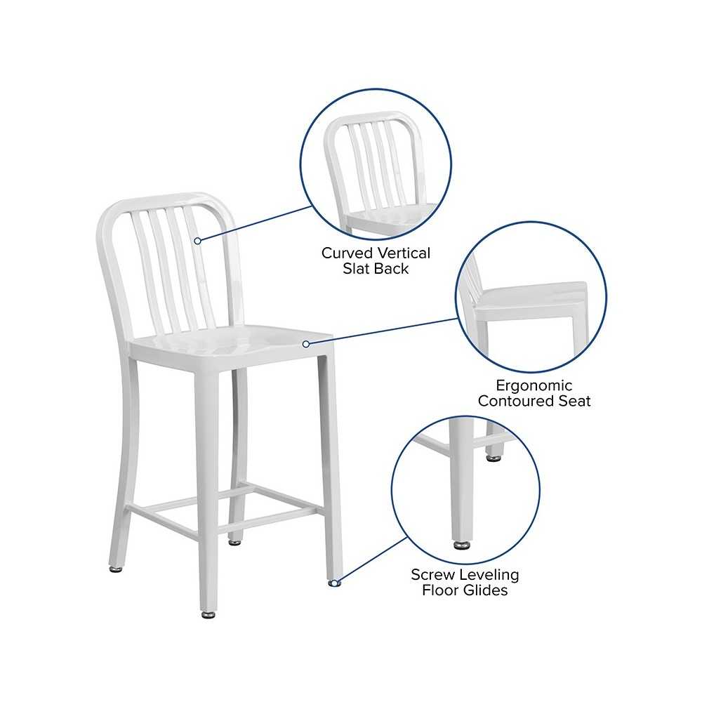 Commercial Grade 24" High White Metal Indoor-Outdoor Counter Height Stool with Vertical Slat Back