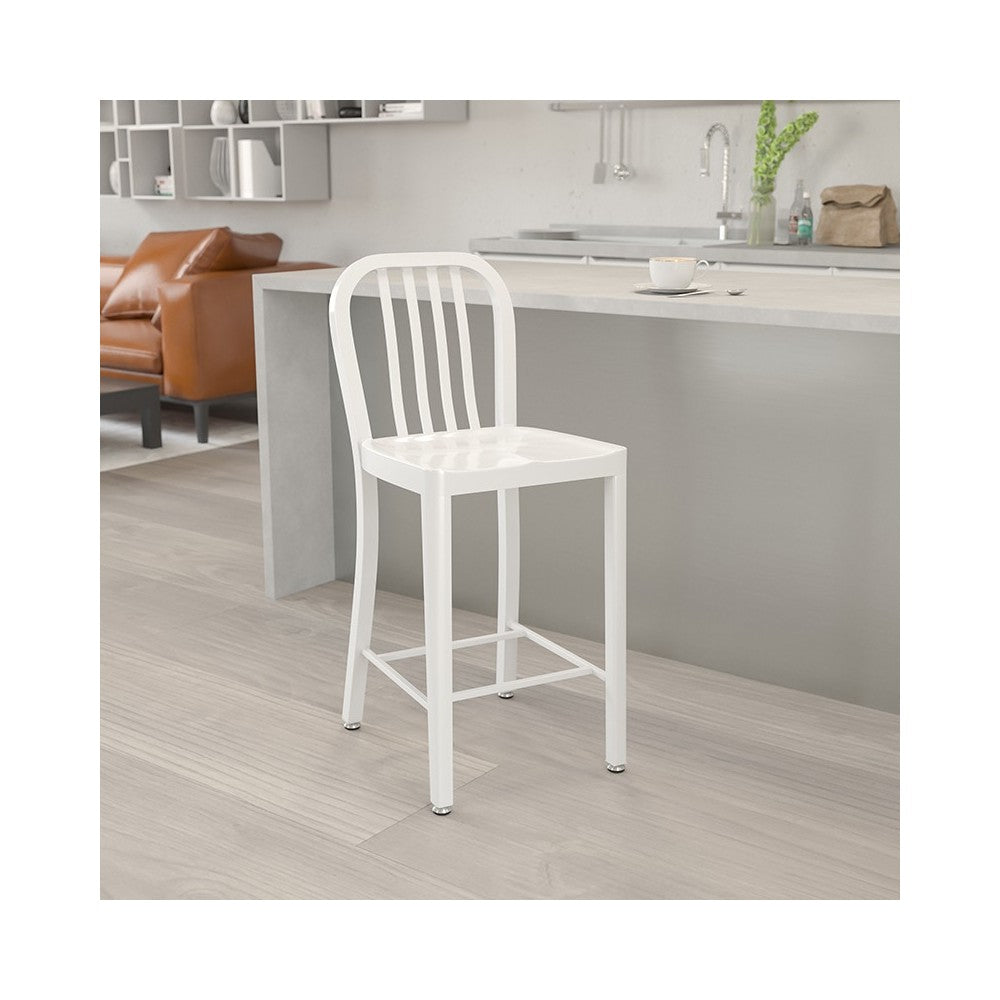 Commercial Grade 24" High White Metal Indoor-Outdoor Counter Height Stool with Vertical Slat Back
