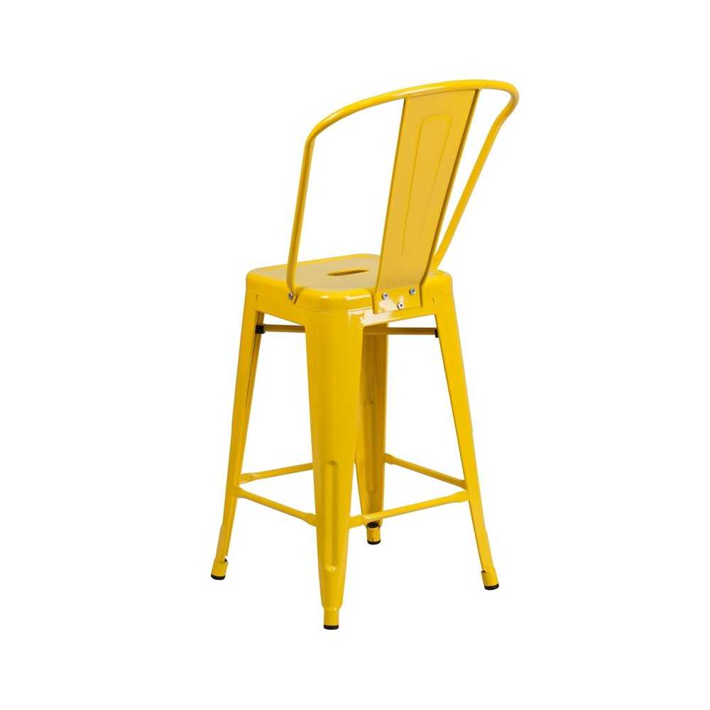 Commercial Grade 24" High Yellow Metal Indoor-Outdoor Counter Height Stool with Removable Back