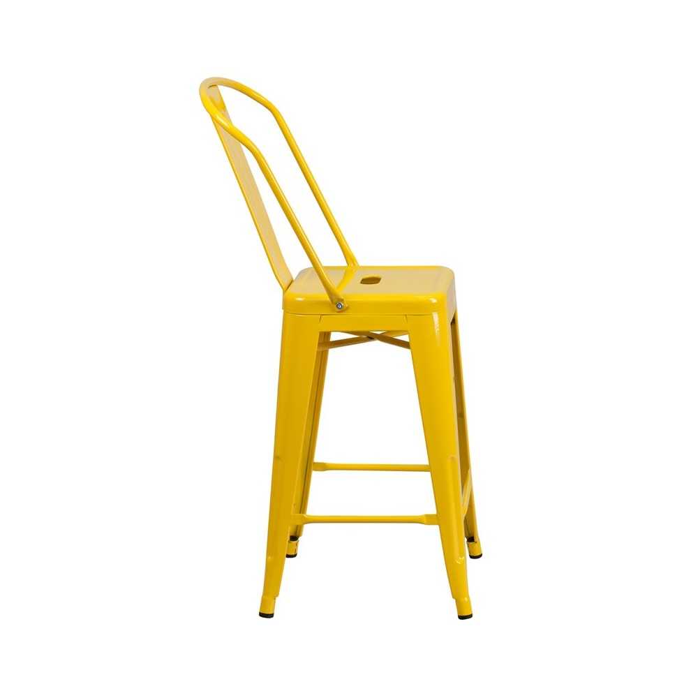 Commercial Grade 24" High Yellow Metal Indoor-Outdoor Counter Height Stool with Removable Back