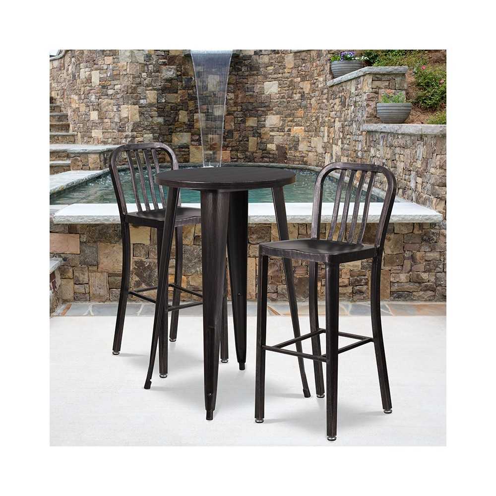 Commercial Grade 24" Round Black-Antique Gold Metal Indoor-Outdoor Bar Table Set with 2 Vertical Slat Back Stools