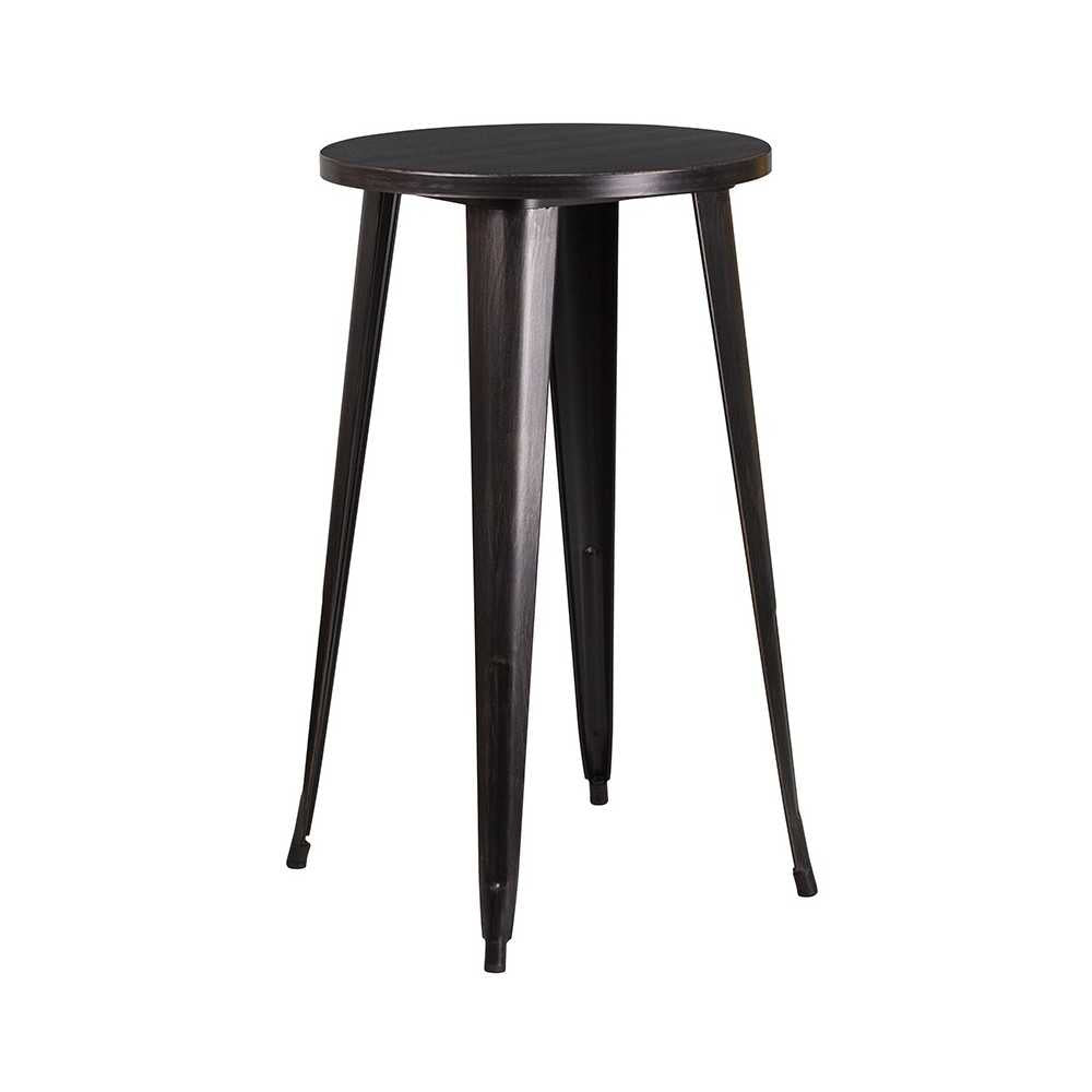 Commercial Grade 24" Round Black-Antique Gold Metal Indoor-Outdoor Bar Table Set with 4 Cafe Stools