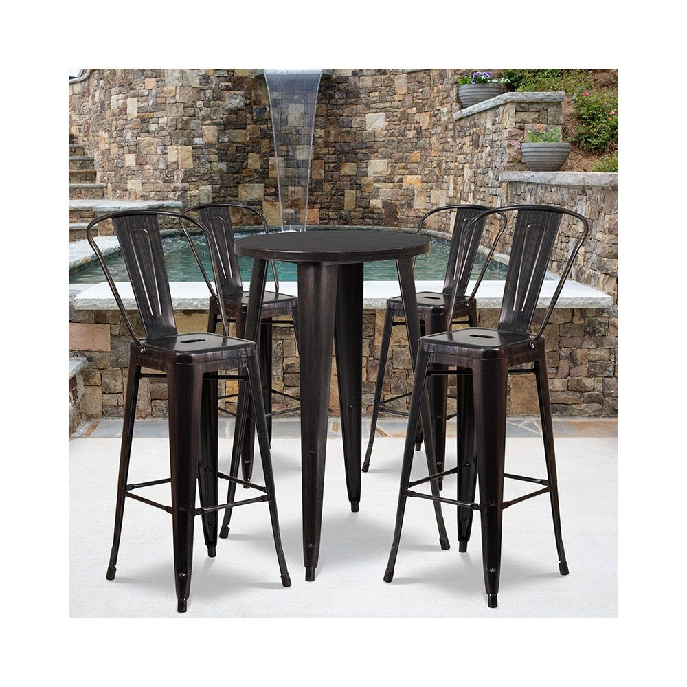 Commercial Grade 24" Round Black-Antique Gold Metal Indoor-Outdoor Bar Table Set with 4 Cafe Stools
