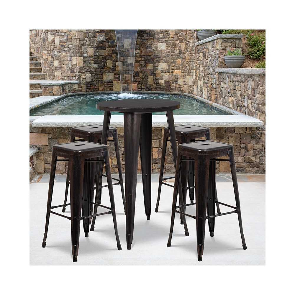 Commercial Grade 24" Round Black-Antique Gold Metal Indoor-Outdoor Bar Table Set with 4 Square Seat Backless Stools