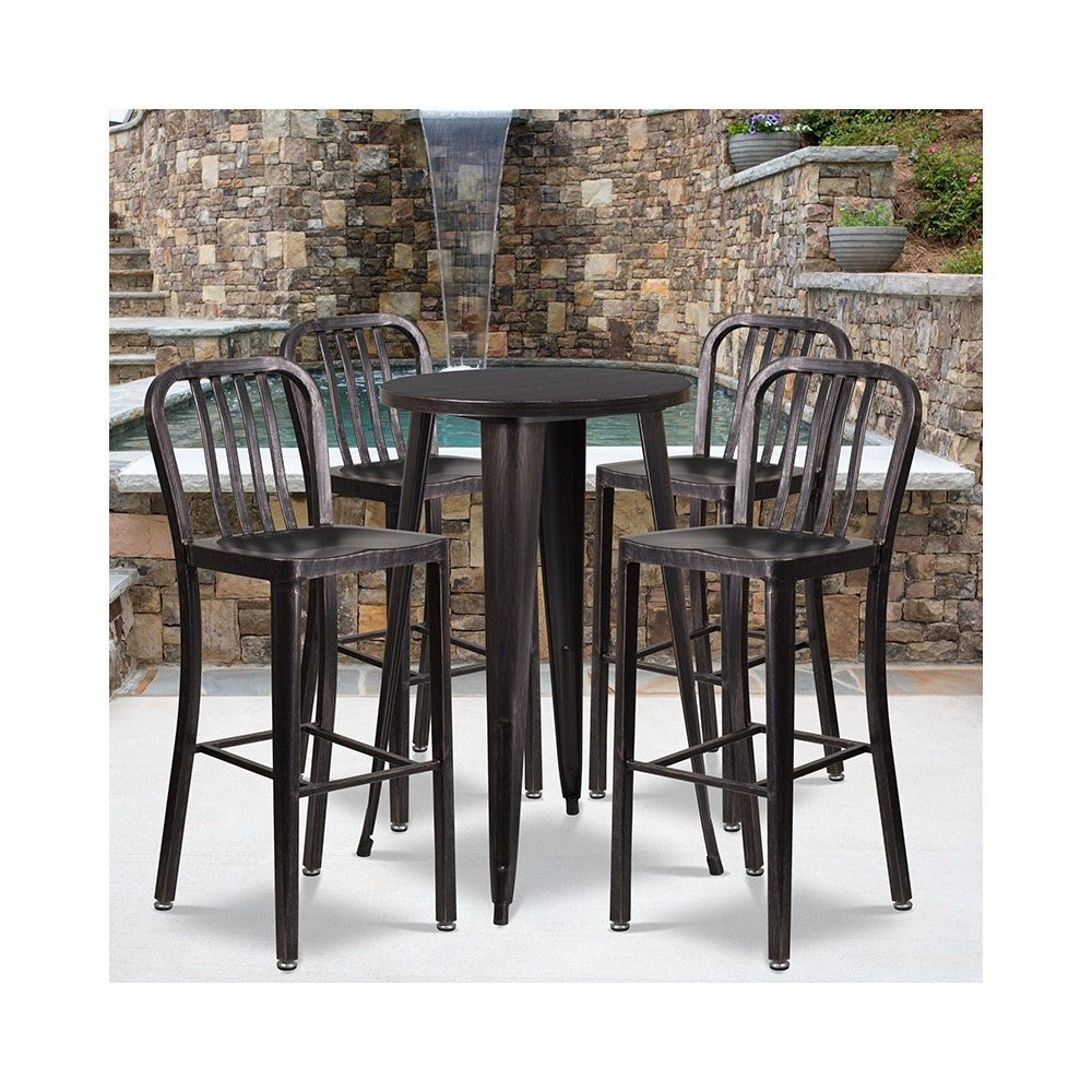 Commercial Grade 24" Round Black-Antique Gold Metal Indoor-Outdoor Bar Table Set with 4 Vertical Slat Back Stools