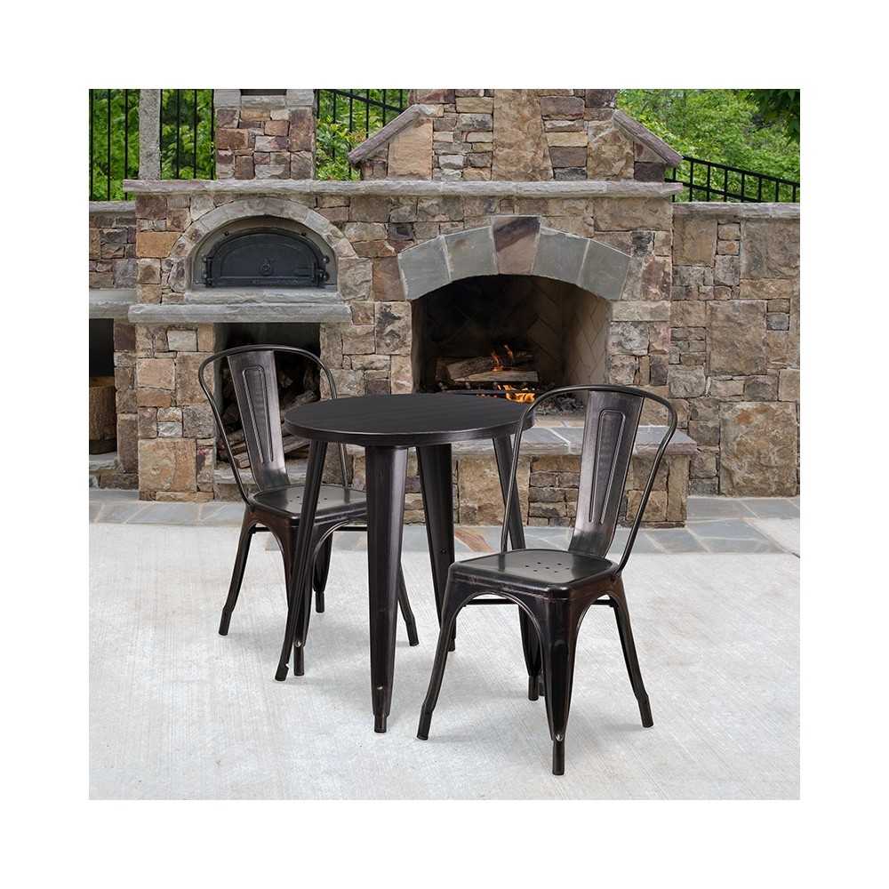 Commercial Grade 24" Round Black-Antique Gold Metal Indoor-Outdoor Table Set with 2 Cafe Chairs
