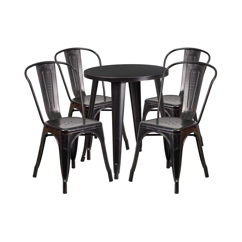 Commercial Grade 24" Round Black-Antique Gold Metal Indoor-Outdoor Table Set with 4 Cafe Chairs
