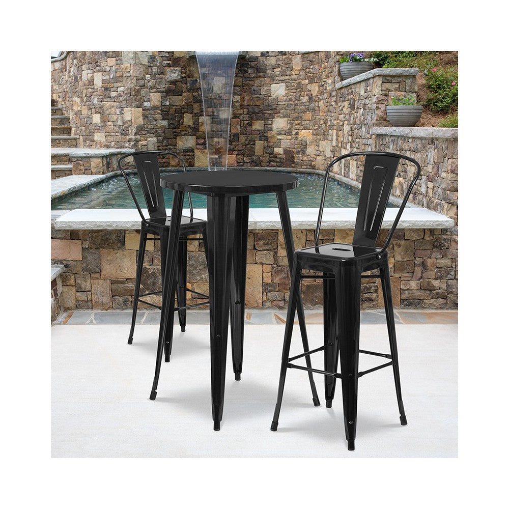 Commercial Grade 24" Round Black Metal Indoor-Outdoor Bar Table Set with 2 Cafe Stools