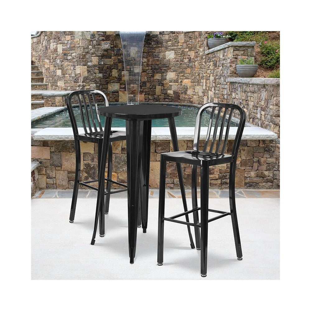 Commercial Grade 24" Round Black Metal Indoor-Outdoor Bar Table Set with 2 Vertical Slat Back Stools