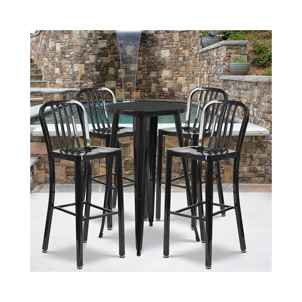 Commercial Grade 24" Round Black Metal Indoor-Outdoor Bar Table Set with 4 Vertical Slat Back Stools