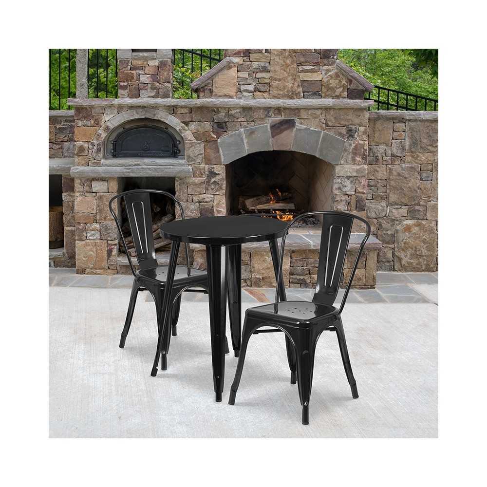 Commercial Grade 24" Round Black Metal Indoor-Outdoor Table Set with 2 Cafe Chairs