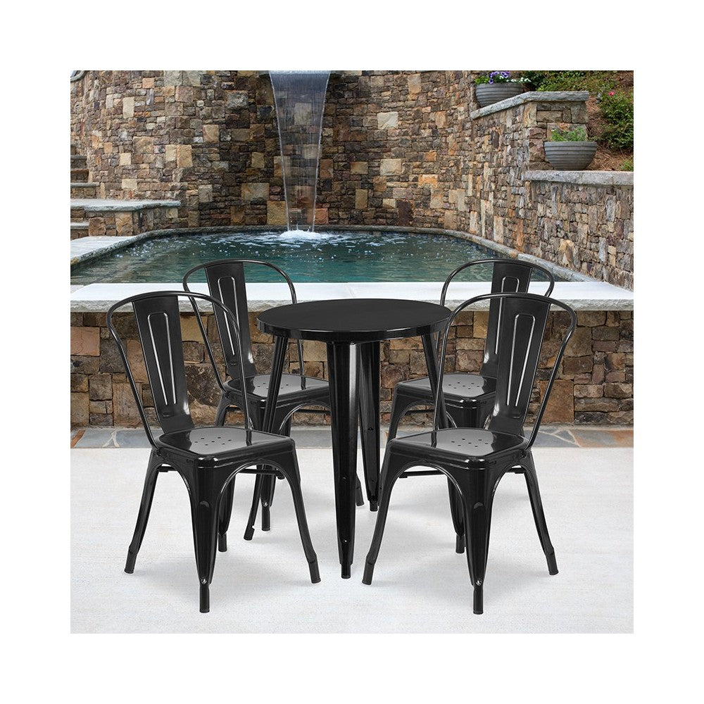 Commercial Grade 24" Round Black Metal Indoor-Outdoor Table Set with 4 Cafe Chairs