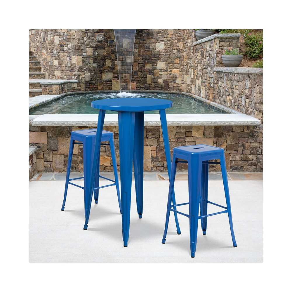 Commercial Grade 24" Round Blue Metal Indoor-Outdoor Bar Table Set with 2 Square Seat Backless Stools