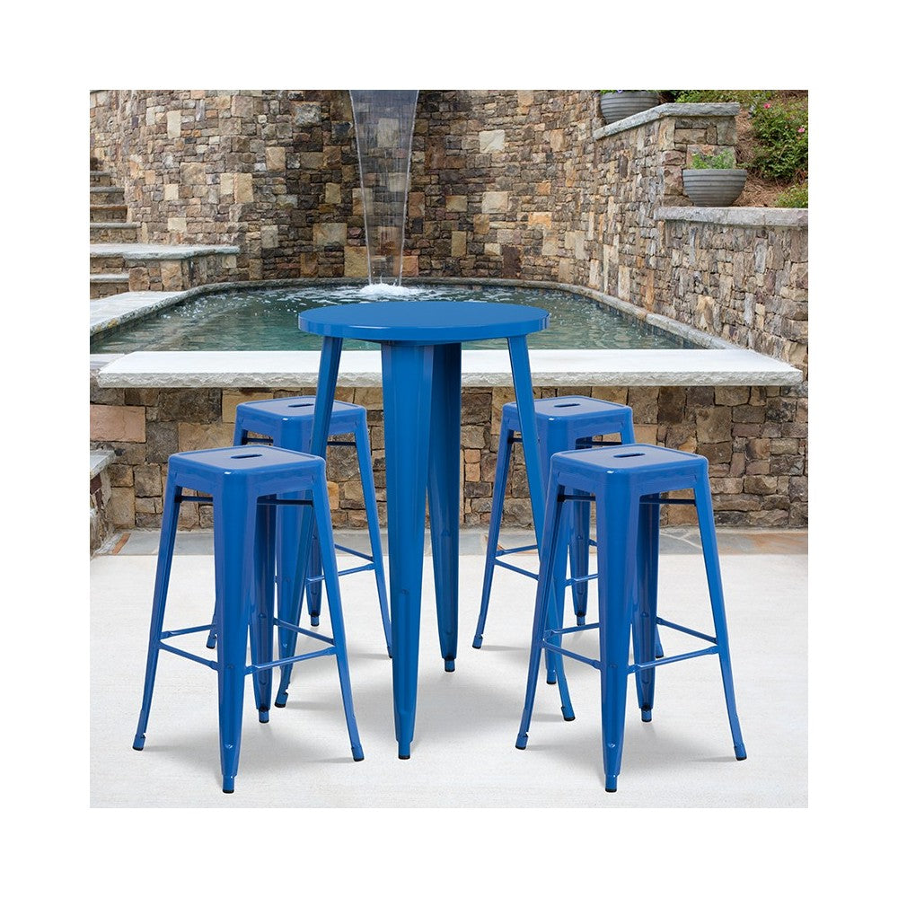 Commercial Grade 24" Round Blue Metal Indoor-Outdoor Bar Table Set with 4 Square Seat Backless Stools