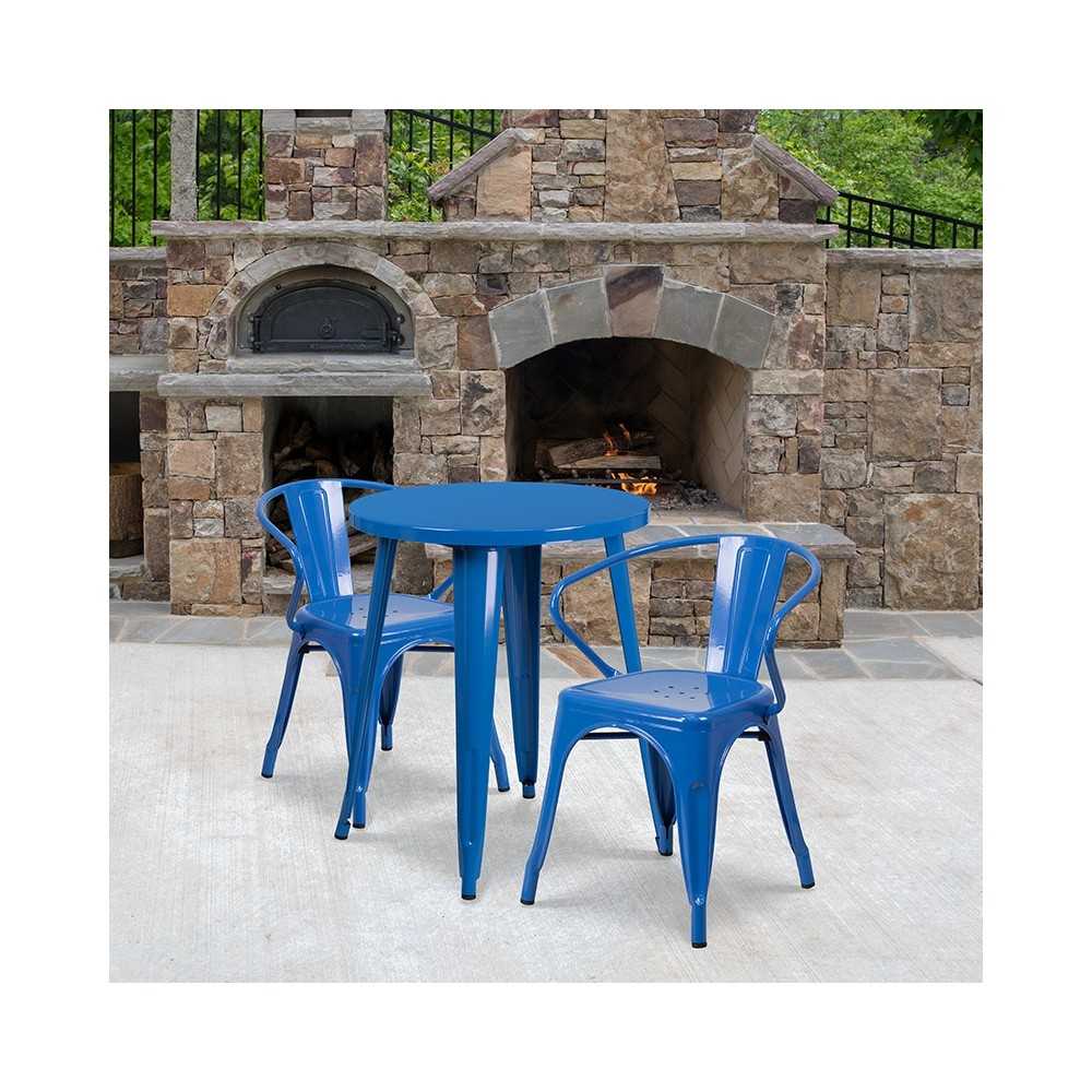 Commercial Grade 24" Round Blue Metal Indoor-Outdoor Table Set with 2 Arm Chairs