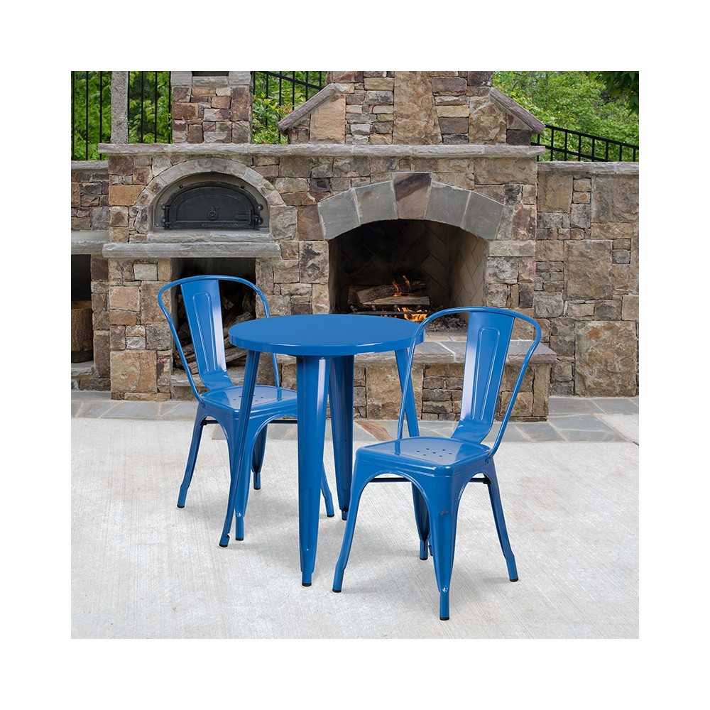 Commercial Grade 24" Round Blue Metal Indoor-Outdoor Table Set with 2 Cafe Chairs