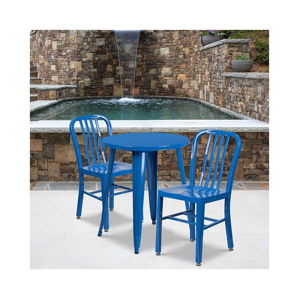 Commercial Grade 24" Round Blue Metal Indoor-Outdoor Table Set with 2 Vertical Slat Back Chairs