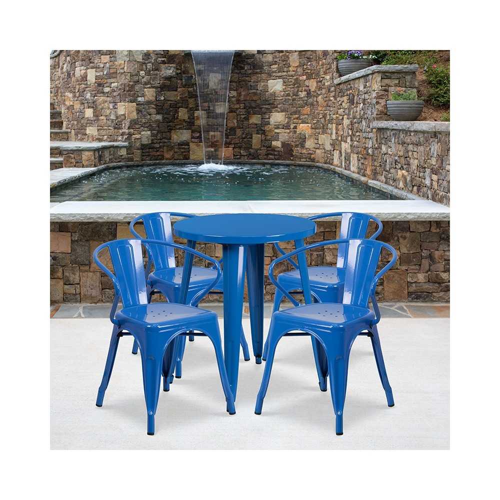 Commercial Grade 24" Round Blue Metal Indoor-Outdoor Table Set with 4 Arm Chairs