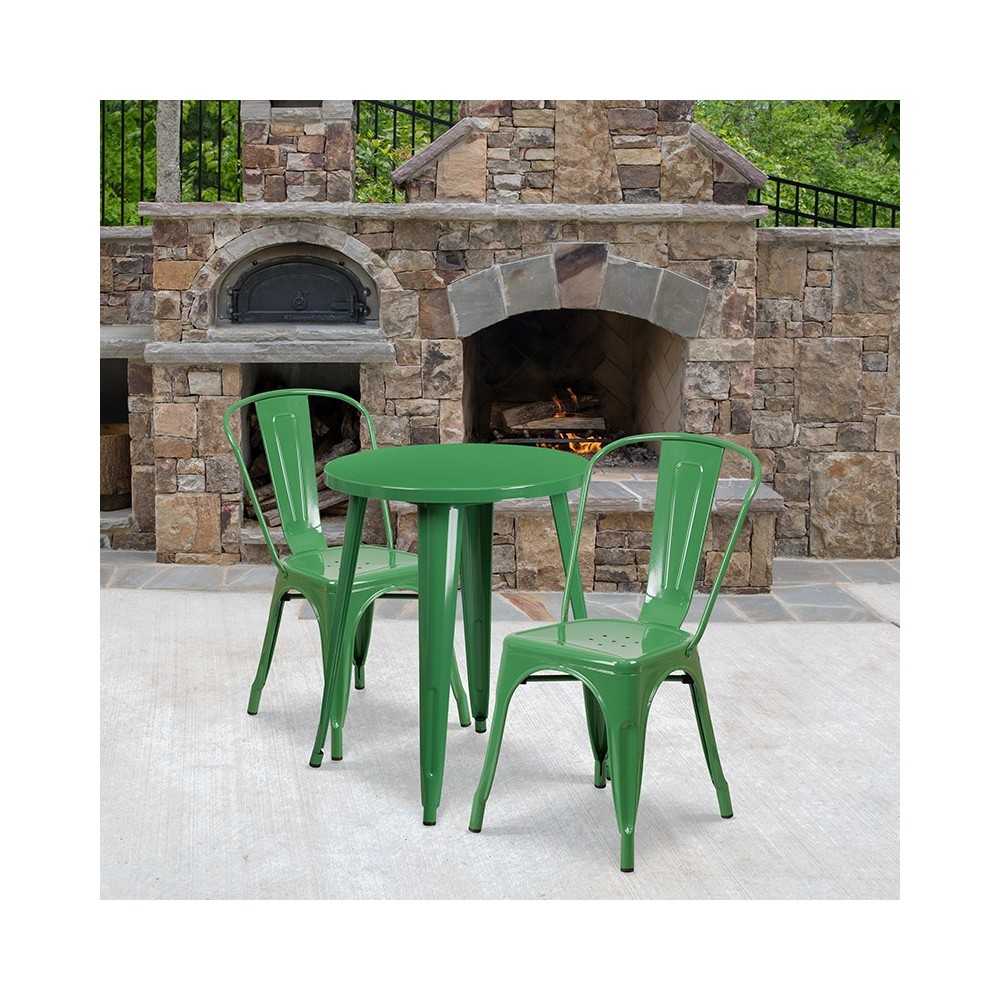 Commercial Grade 24" Round Green Metal Indoor-Outdoor Table Set with 2 Cafe Chairs
