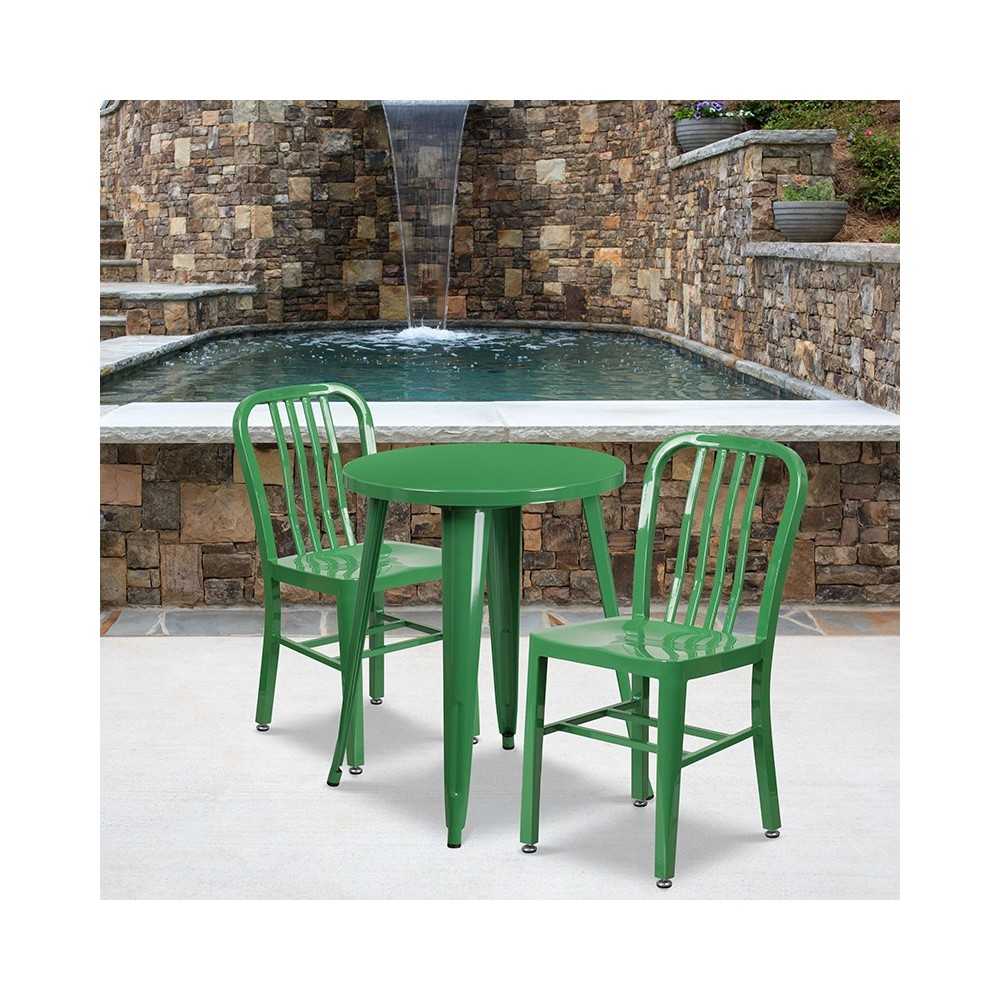 Commercial Grade 24" Round Green Metal Indoor-Outdoor Table Set with 2 Vertical Slat Back Chairs