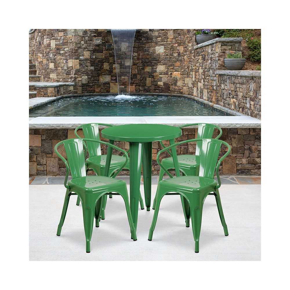Commercial Grade 24" Round Green Metal Indoor-Outdoor Table Set with 4 Arm Chairs