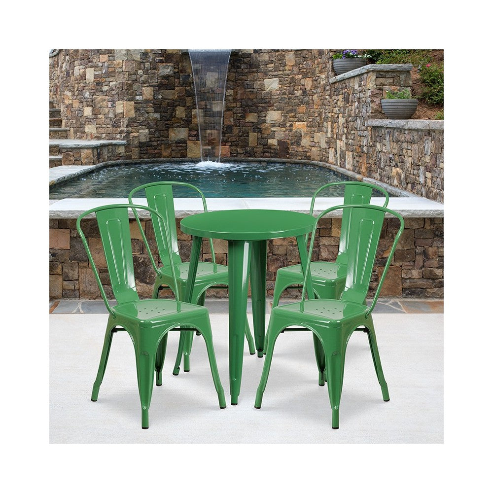 Commercial Grade 24" Round Green Metal Indoor-Outdoor Table Set with 4 Cafe Chairs