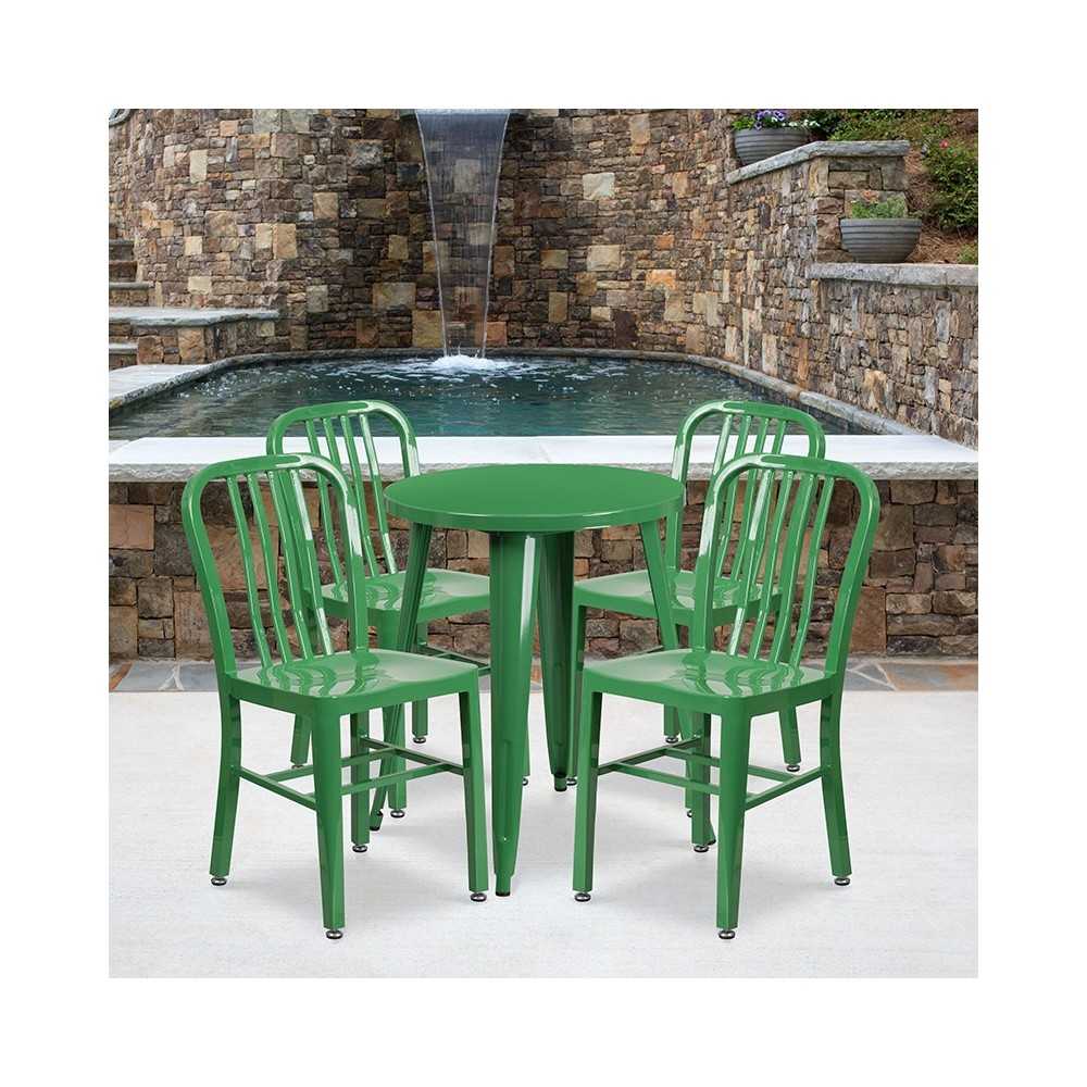 Commercial Grade 24" Round Green Metal Indoor-Outdoor Table Set with 4 Vertical Slat Back Chairs