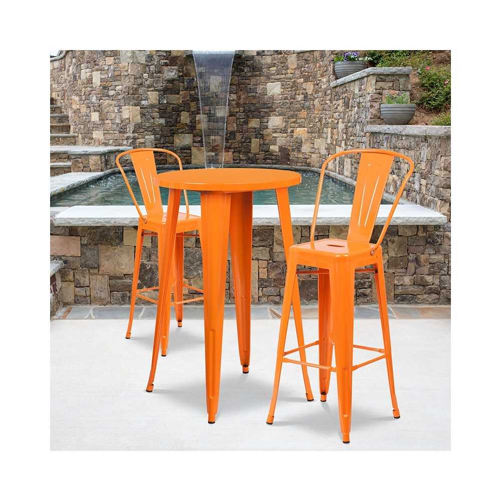 Commercial Grade 24" Round Orange Metal Indoor-Outdoor Bar Table Set with 2 Cafe Stools