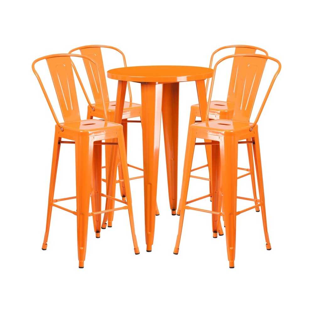 Commercial Grade 24" Round Orange Metal Indoor-Outdoor Bar Table Set with 4 Cafe Stools