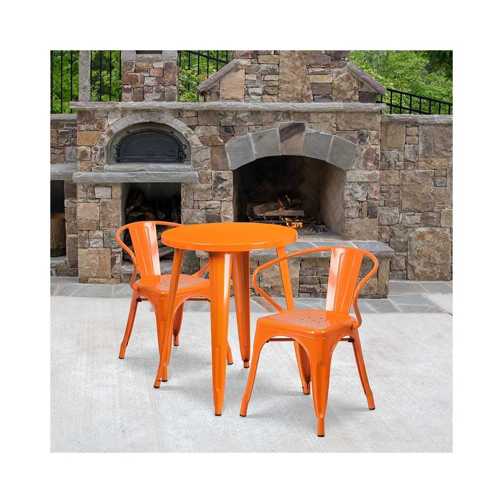 Commercial Grade 24" Round Orange Metal Indoor-Outdoor Table Set with 2 Arm Chairs
