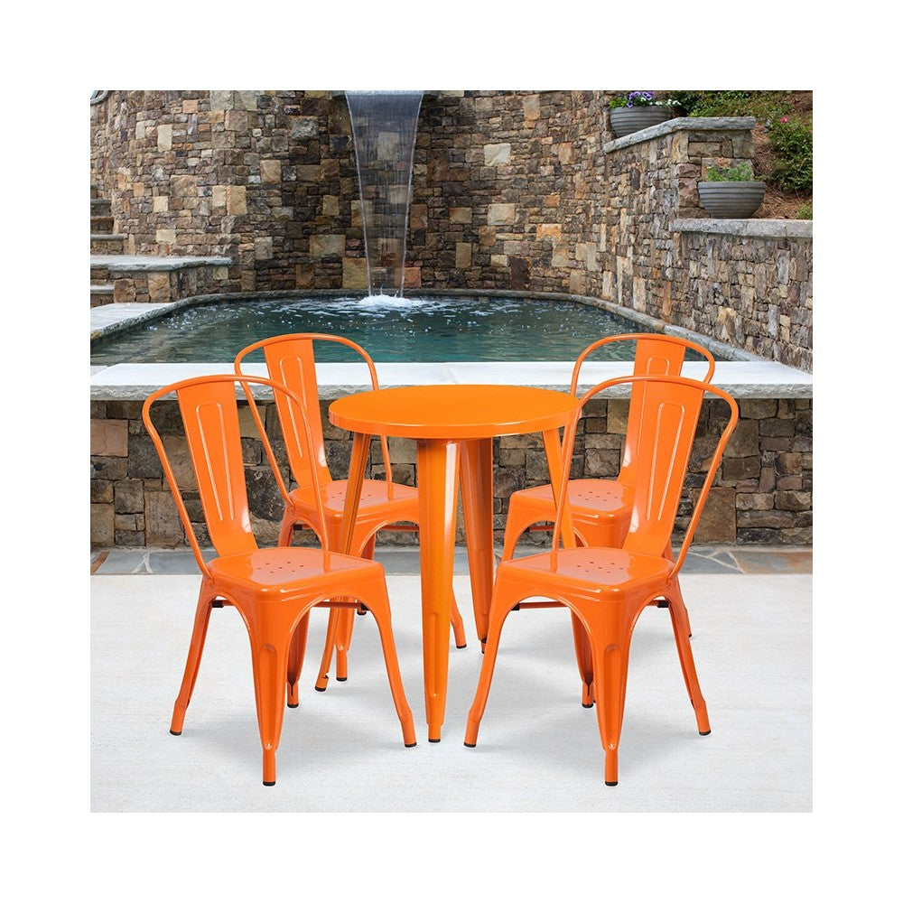 Commercial Grade 24" Round Orange Metal Indoor-Outdoor Table Set with 4 Cafe Chairs